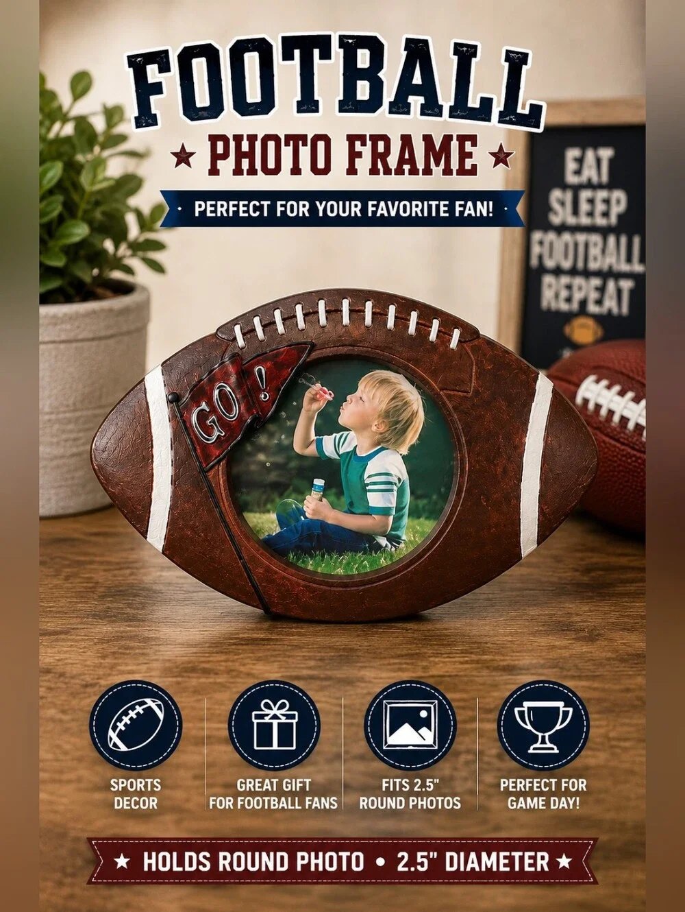 Football Shaped Photo Frame Wood Look Sports Picture Frame Decor